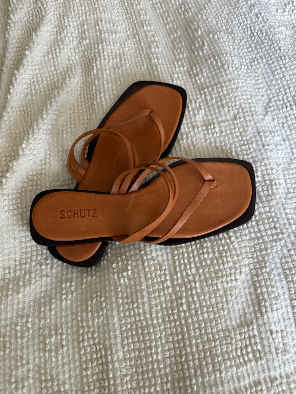 SCHUTZ Cognac Leather Strappy Square-Toe Sandals